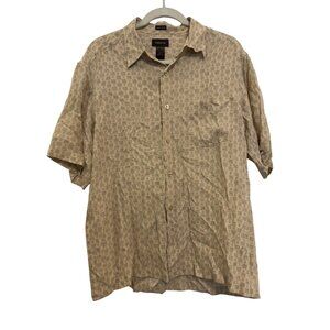 Claiborne Short Sleeve Button-Down Mens L Beige Graphic 100% Silk Shirt